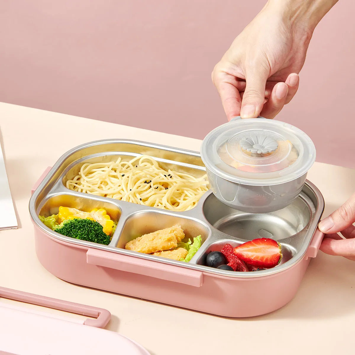 Stainless steel lunch box with phone support