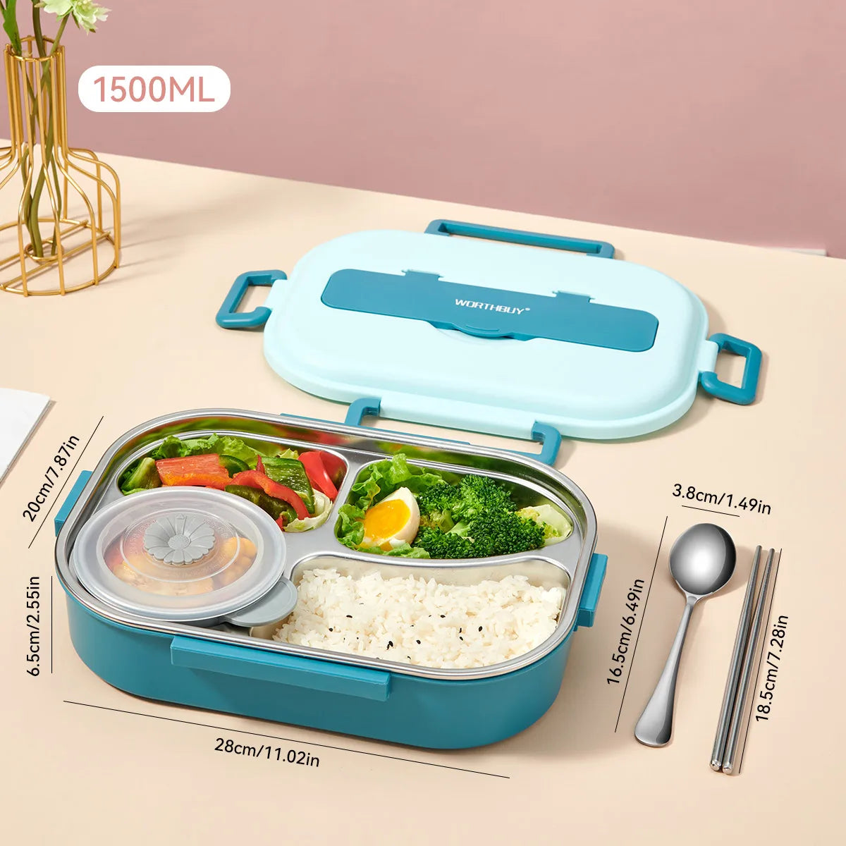 Stainless steel lunch box with phone support