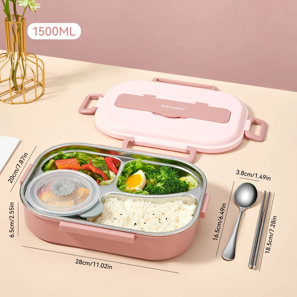 Stainless steel lunch box with phone support