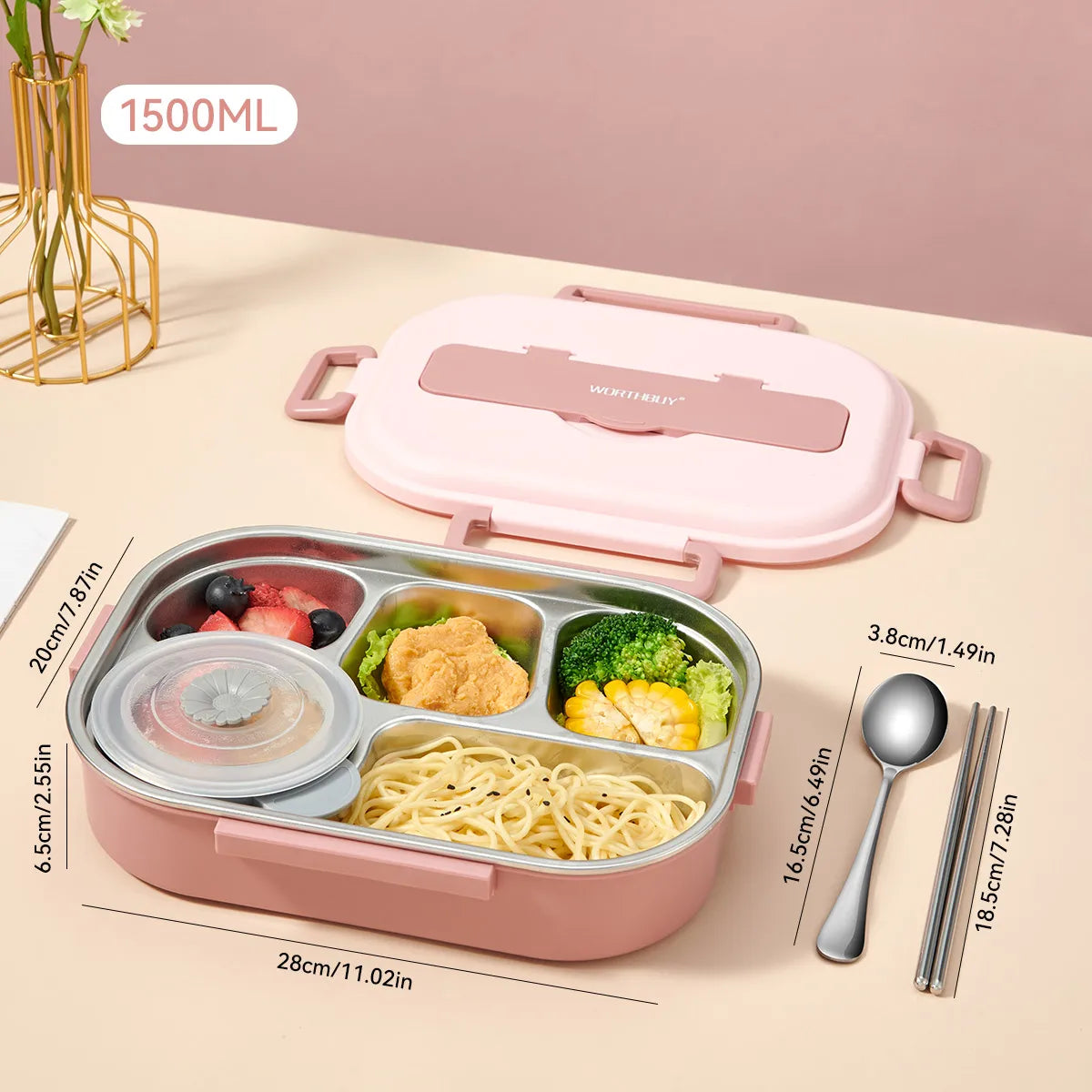 Stainless steel lunch box with phone support