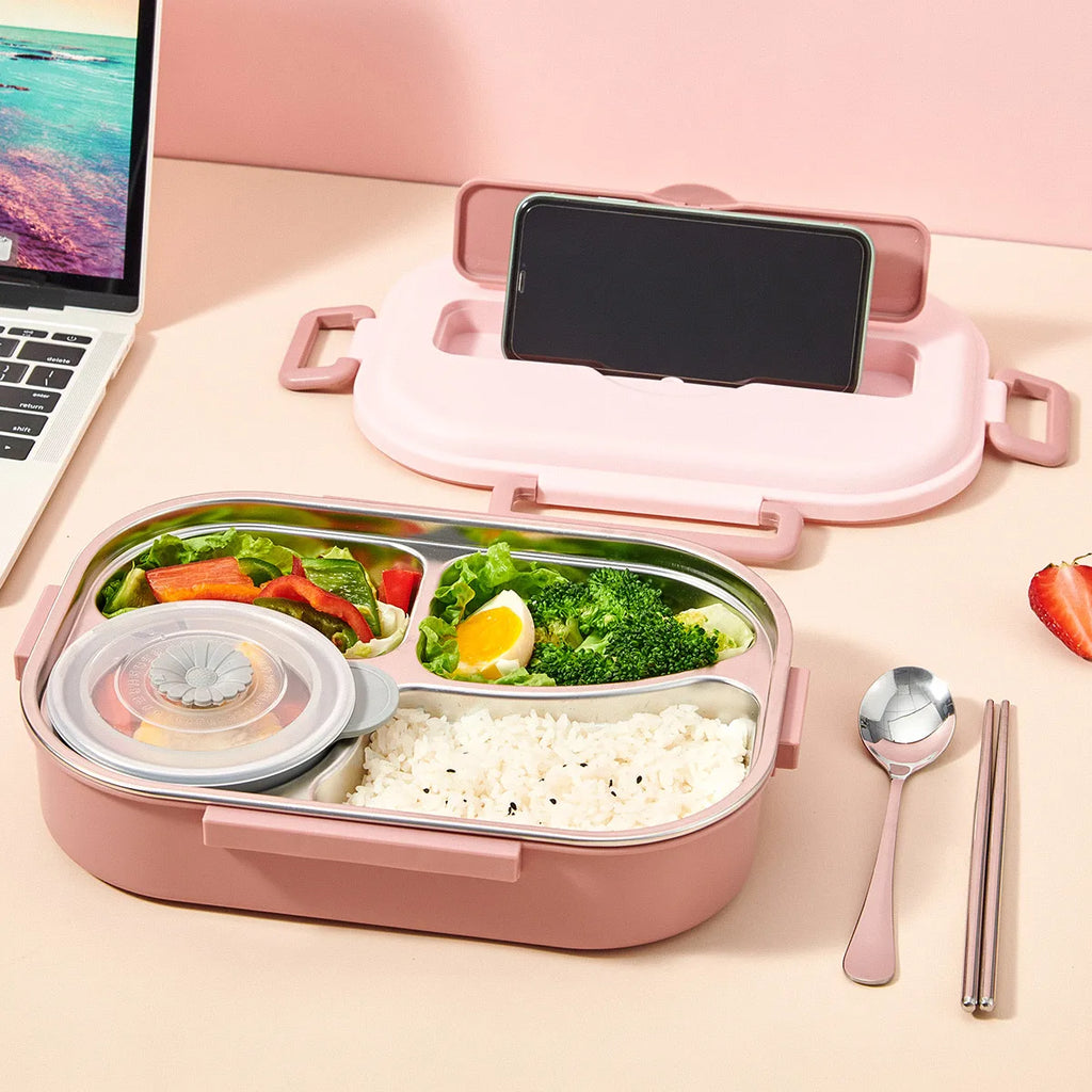 Stainless steel lunch box with phone support