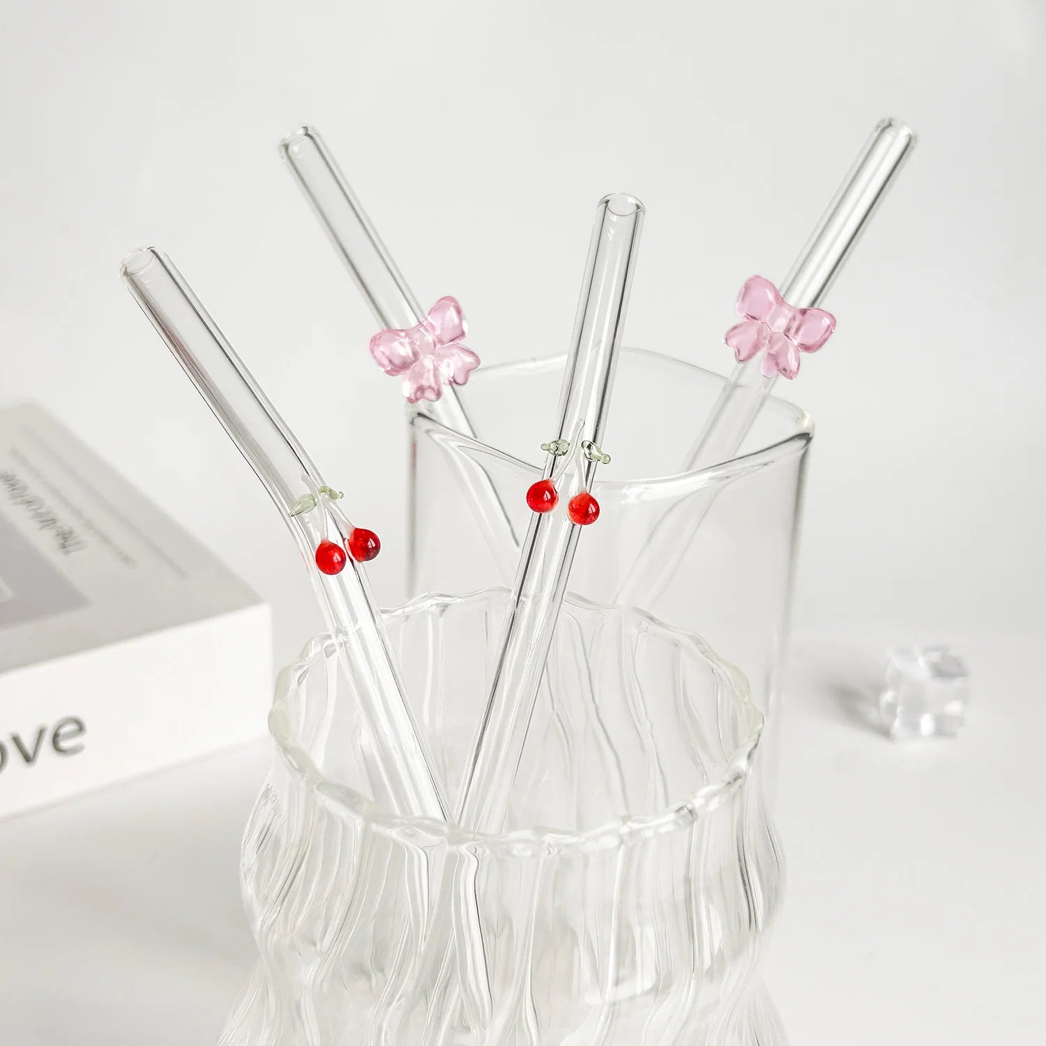 Glass straws cherry and bow