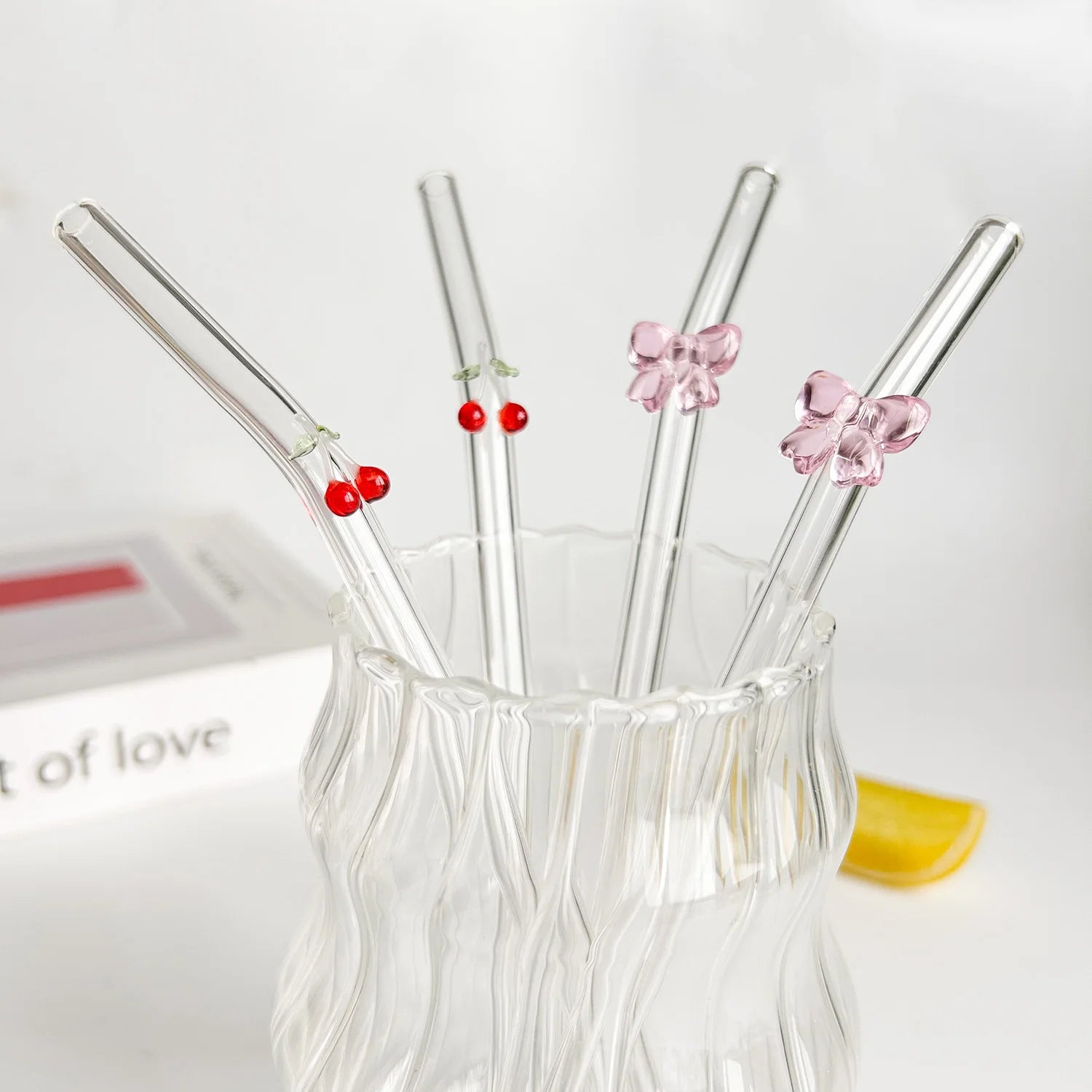 Glass straws cherry and bow