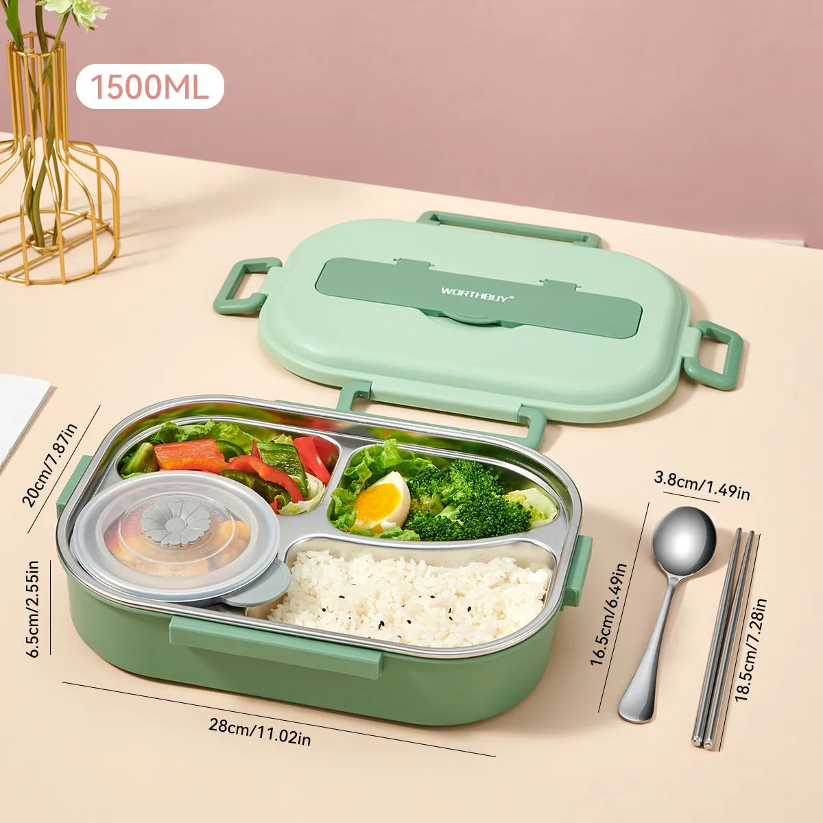 Stainless steel lunch box with phone support